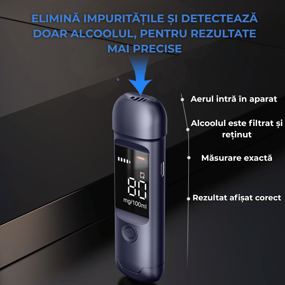 Etilotest Digital Non-Contact, Precizie +0.015%, Calibrare Automata, Memorare Rezultate, Display LCD, Autonomie Extinsa, Negru