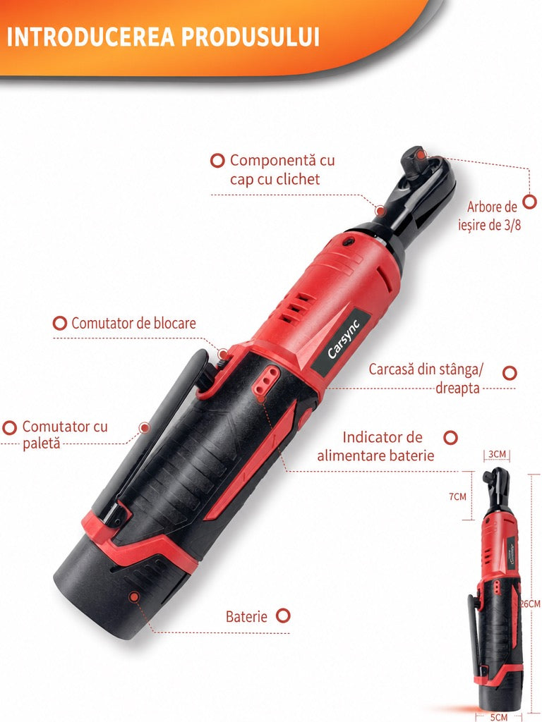 Carsync Cheie cu Clichet Electrică Fără Fir 12V – Set 3/8" cu 2 Acumulatori 2000mAh & Încărcător