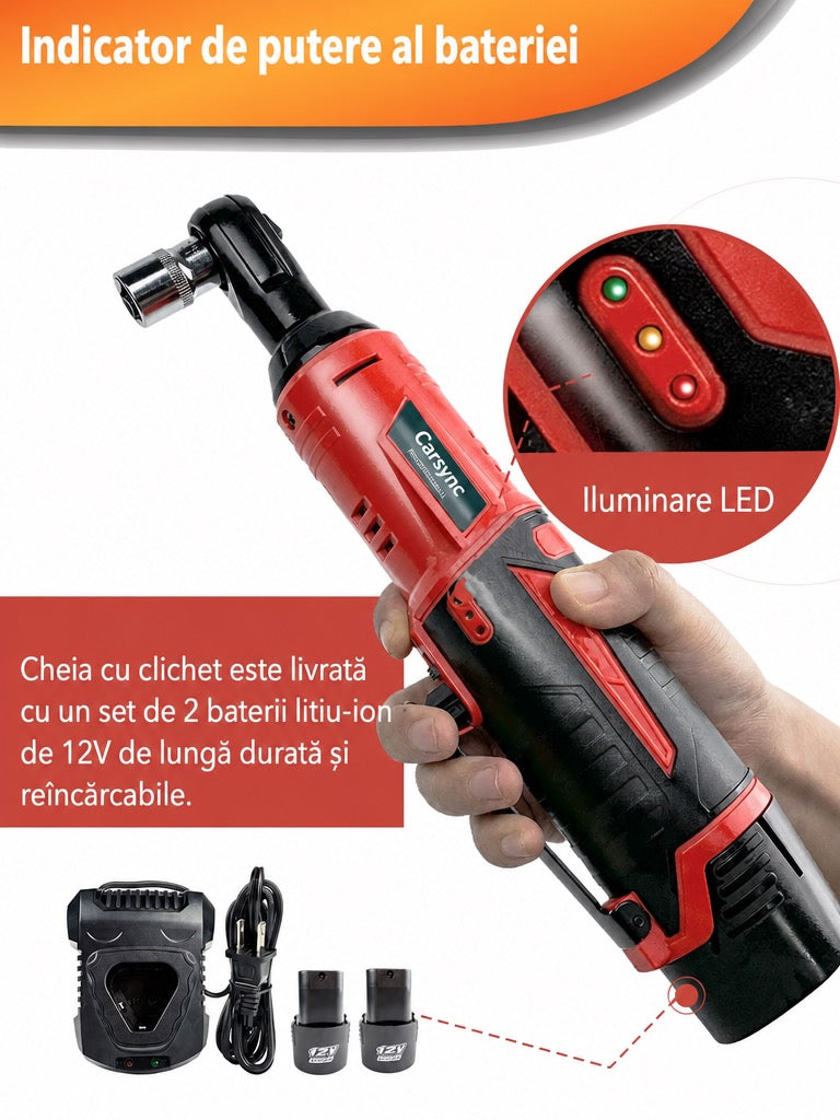 Carsync Cheie cu Clichet Electrică Fără Fir 12V – Set 3/8" cu 2 Acumulatori 2000mAh & Încărcător