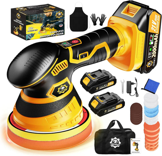 Carsync Polisher Auto Fără Fir 21V – 2 Acumulatori 2000mAh, 18 Accesorii, 6 Trepte Viteză