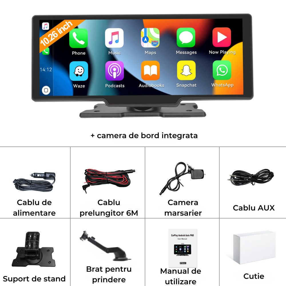 Carplay/Android Auto Wireless 26 cm + Camera Marsarier + Camera de Bord