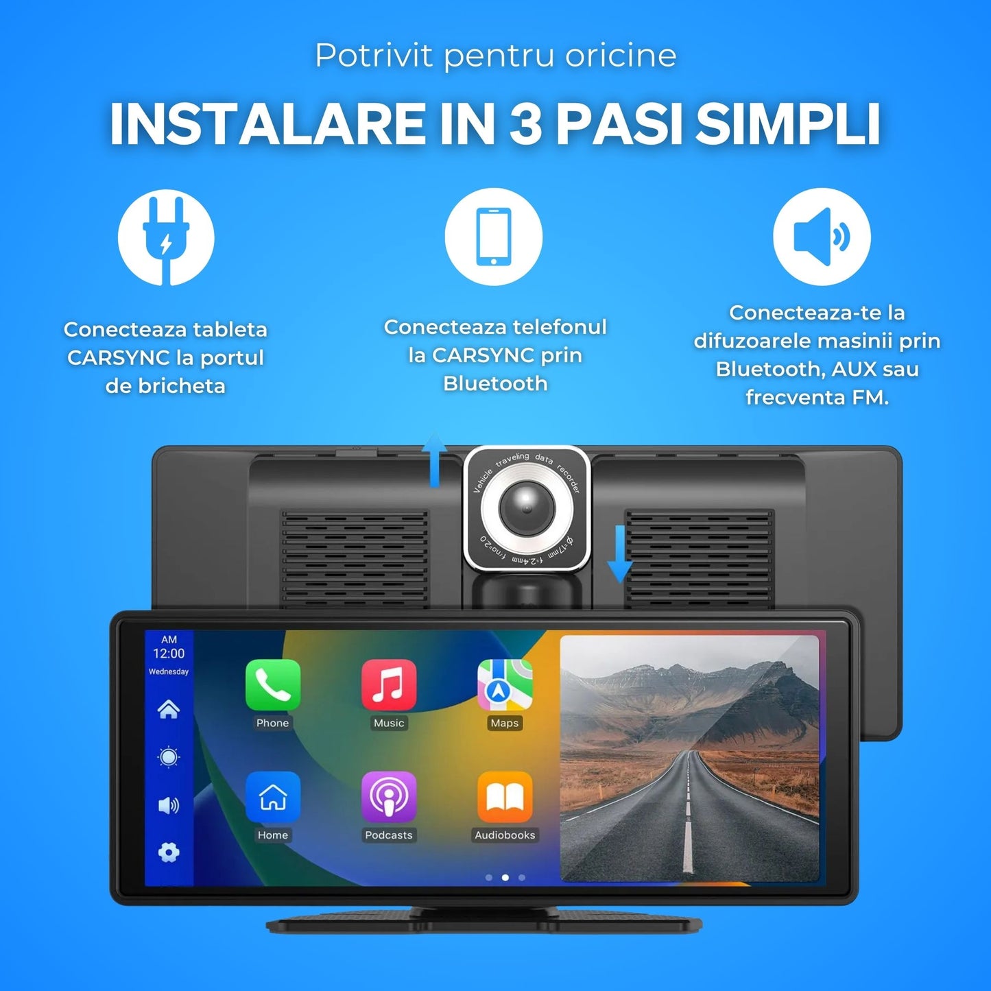 Carplay/Android Auto Wireless 26 cm + Camera Marsarier + Camera de Bord