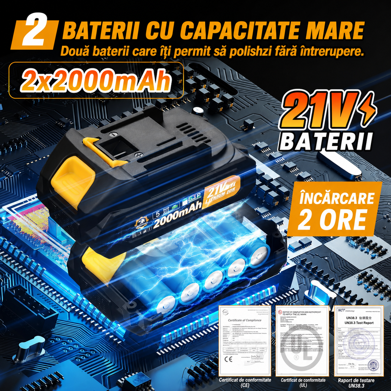 Carsync Polisher Auto Fără Fir 21V – 2 Acumulatori 2000mAh, 18 Accesorii, 6 Trepte Viteză