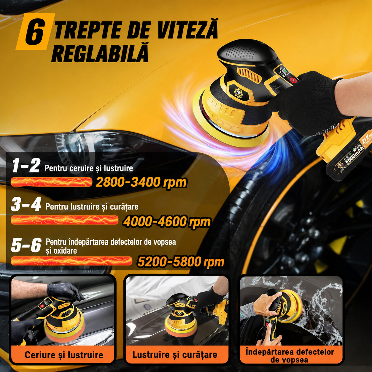 Carsync Polisher Auto Fără Fir 21V – 2 Acumulatori 2000mAh, 18 Accesorii, 6 Trepte Viteză