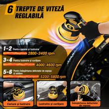 Carsync Polisher Auto Fără Fir 21V – 2 Acumulatori 2000mAh, 18 Accesorii, 6 Trepte Viteză