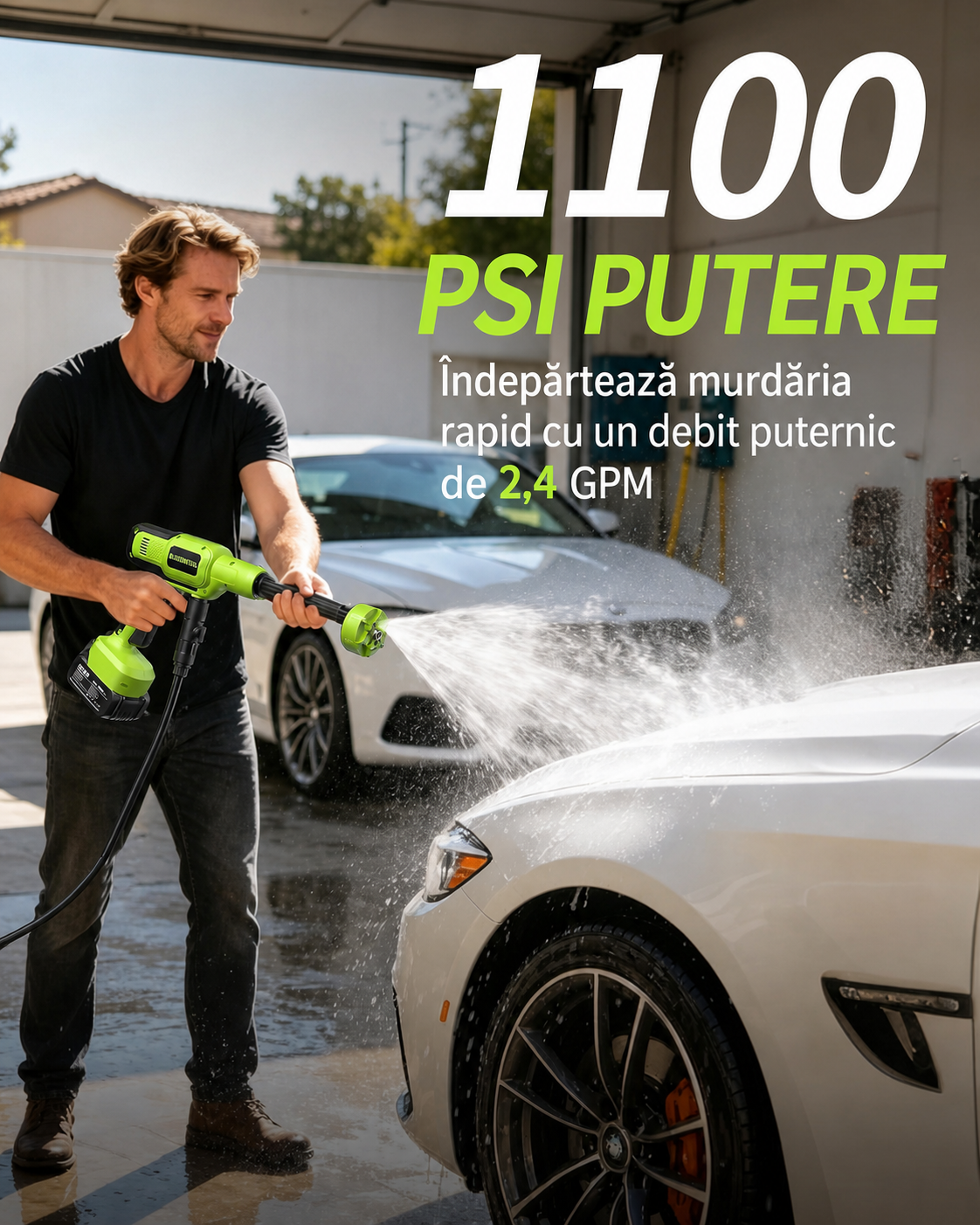 Carsync Aparat Spălat cu Presiune Portabil Fără Fir 76 bari – Motor Integral Cupru, Acumulator, Furtun 7m & Geantă