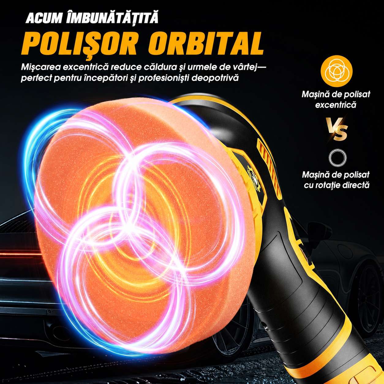 Carsync Polisher Auto Fără Fir 21V – 2 Acumulatori 2000mAh, 18 Accesorii, 6 Trepte Viteză