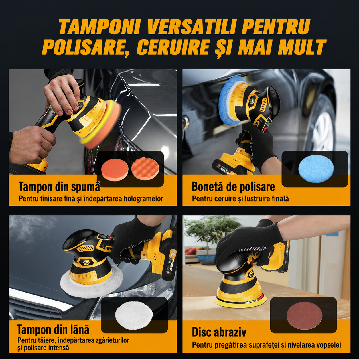 Carsync Polisher Auto Fără Fir 21V – 2 Acumulatori 2000mAh, 18 Accesorii, 6 Trepte Viteză