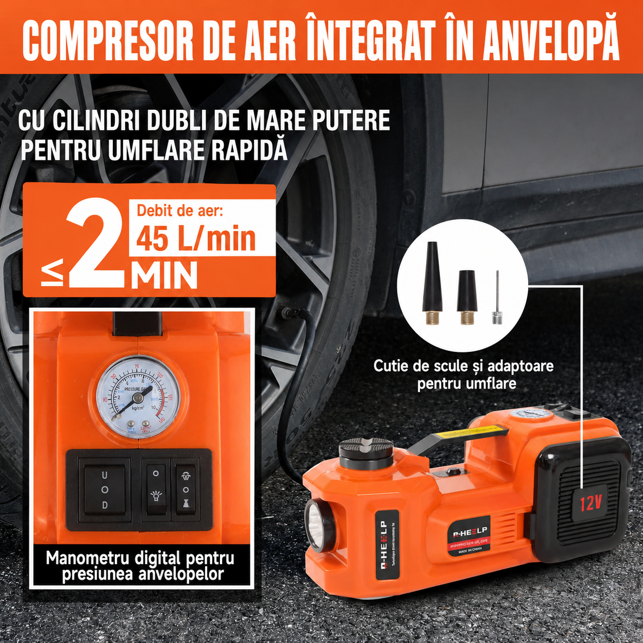 Carsync Set Cric Hidraulic Electric Auto 5 Tone 12V – cu Cheie de Impact, Pompă Umflat Anvelope & LED