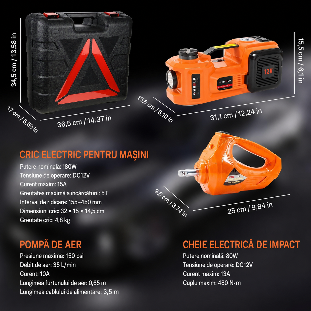 Carsync Set Cric Hidraulic Electric Auto 5 Tone 12V – cu Cheie de Impact, Pompă Umflat Anvelope & LED
