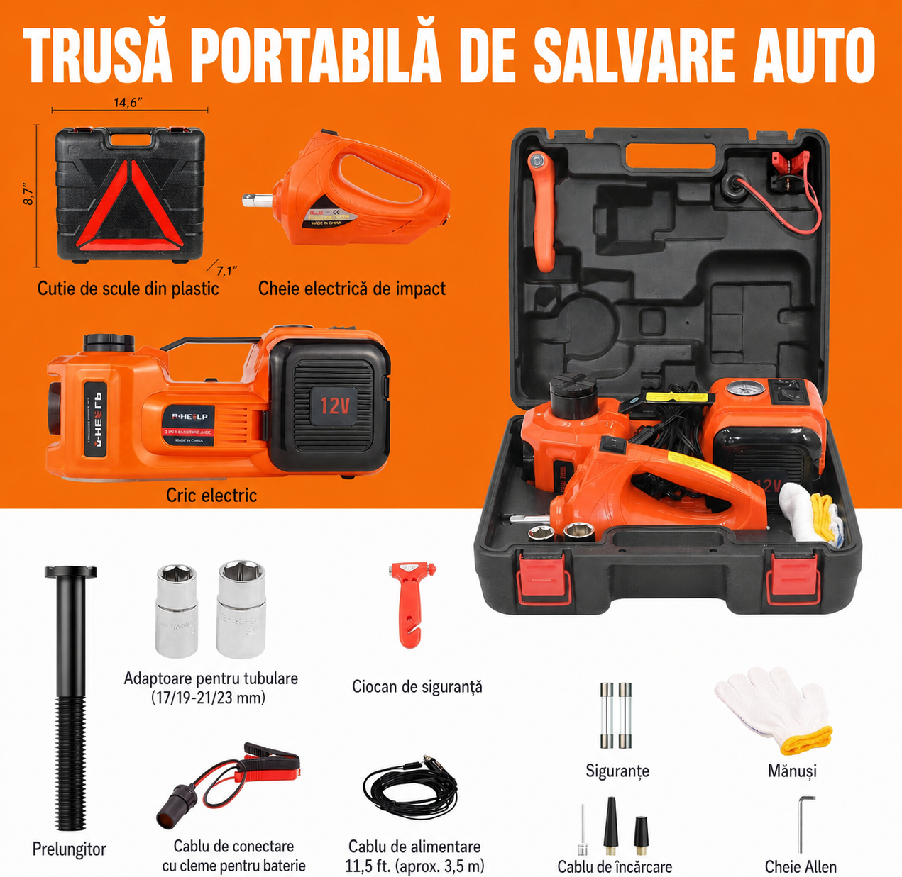 Carsync Set Cric Hidraulic Electric Auto 5 Tone 12V – cu Cheie de Impact, Pompă Umflat Anvelope & LED